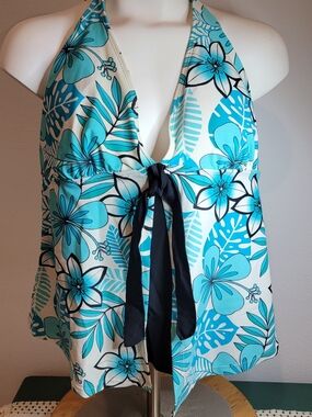 Turquoise Floral Halter Tank with Black Tie Swim tankini